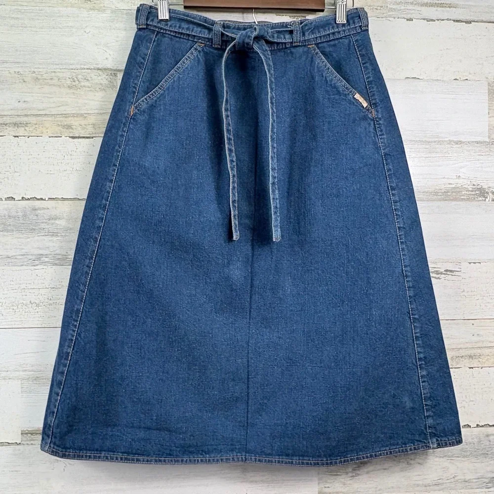 Vintage 70s Levi's Orange Tab Jean Denim Wrap Skirt 27 Blue Belted Midi A‎ Line